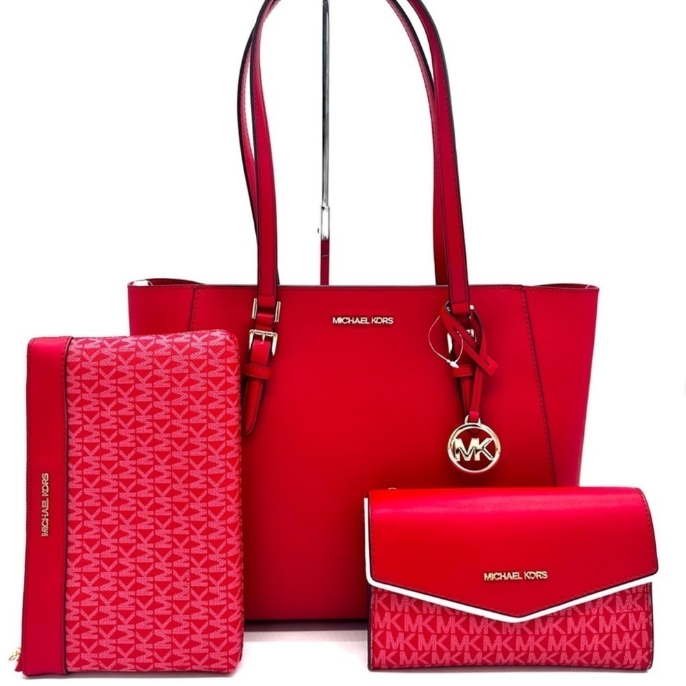 Michael Kors Charlotte LG Tote Bag 3 IN 1 Leather Shoulder Bag Red/Gold (NWT)